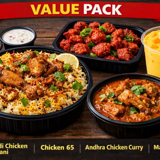 Veg Value Pack (Family SizeDindigal Veg  Biriyani,  Kadai Veg Curry,  Paneer 65 & Mango Lassi)